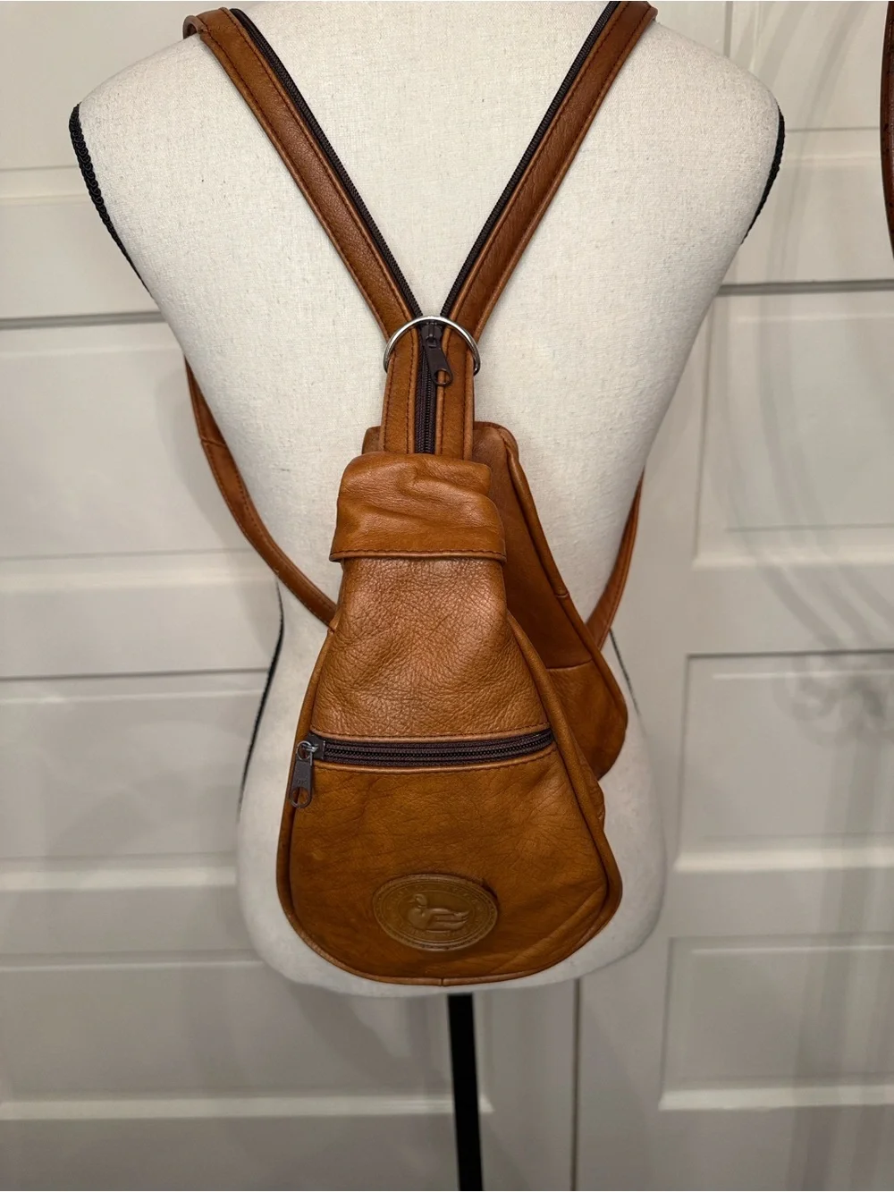 Gold Duck Soft Leather Convertible Backpack Crossbody Sling Bag Cognac Brown